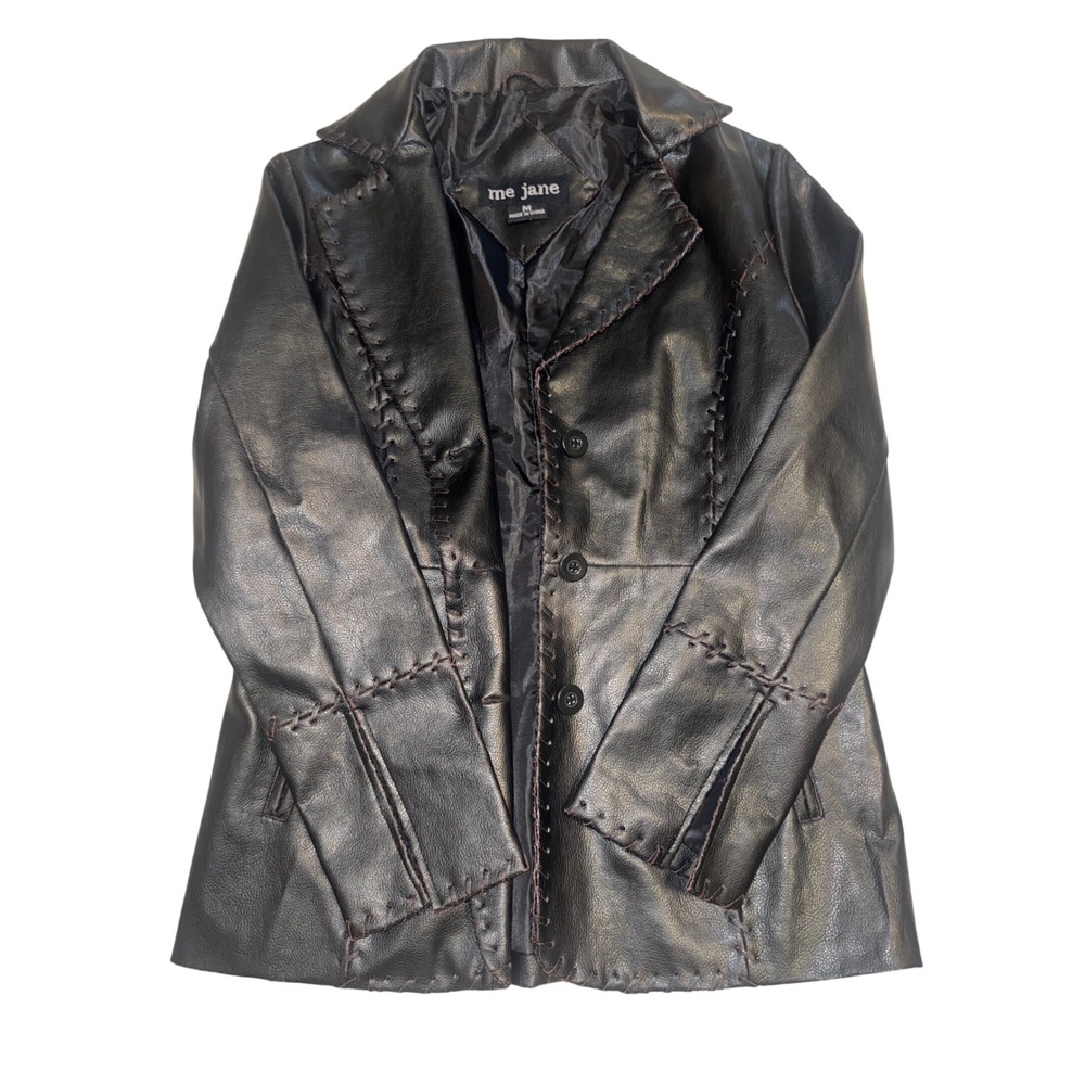 Me Jane Jacket Women M Black Brown Y2K Vintage Whipstitch Faux Leather Blazer